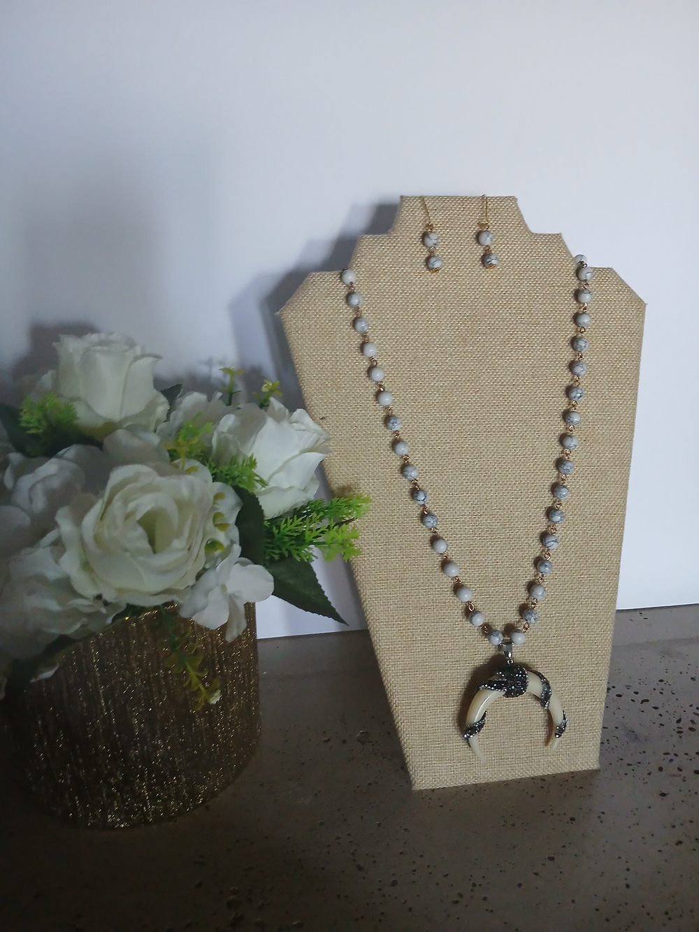 White Beaded Crescent Pendant Necklace and Earring Set - Minimal Chic